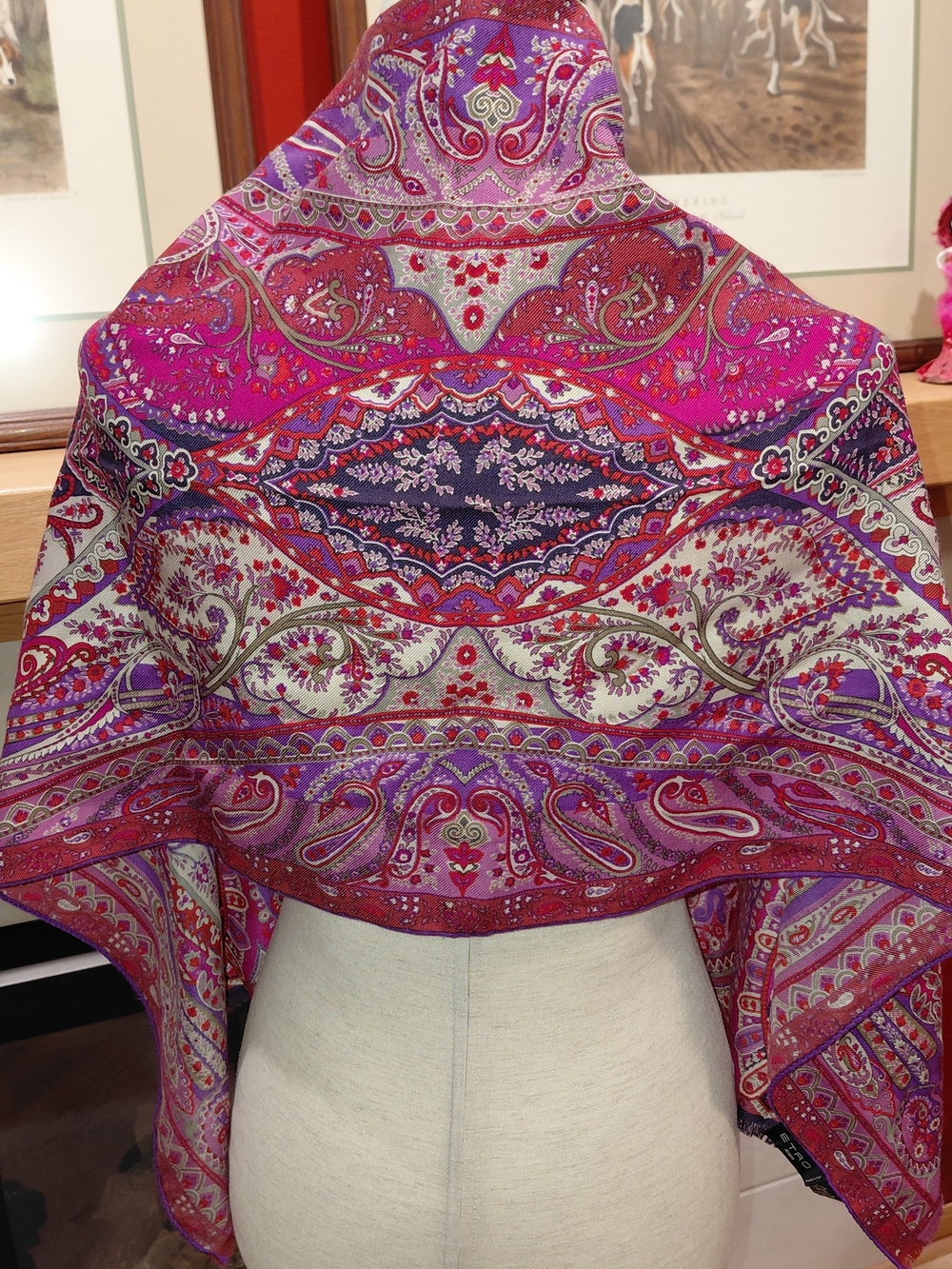 Etro Red and Purple Paisley Wool Silk Scarf Wrap VGC!